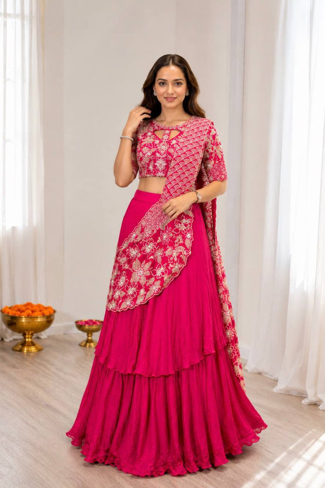 Premium French Crepe Silk Double Layer Lehenga Choli Set With Attached Pallu - Rosepetals Luxe