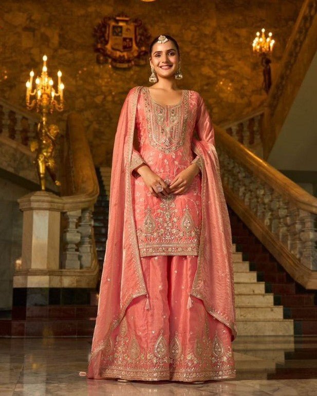 Premium Frendy Silk Embroidered Palazzo Suit with Mirror Work - Rosepetals Luxe