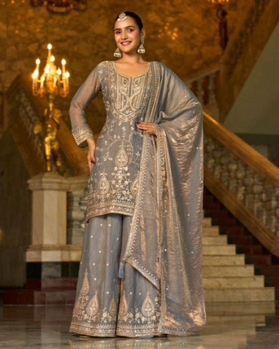 Premium Frendy Silk Embroidered Palazzo Suit with Mirror Work - Rosepetals Luxe