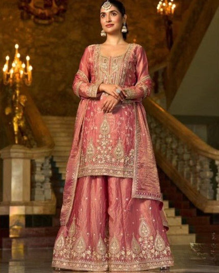 Premium Frendy Silk Embroidered Palazzo Suit with Mirror Work - Rosepetals Luxe