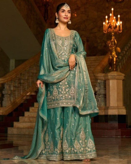 Premium Frendy Silk Embroidered Palazzo Suit with Mirror Work - Rosepetals Luxe
