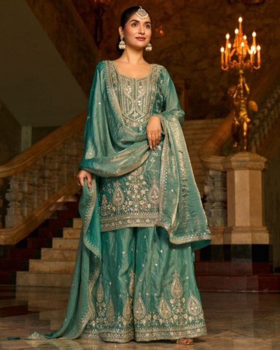 Premium Frendy Silk Embroidered Palazzo Suit with Mirror Work - Rosepetals Luxe