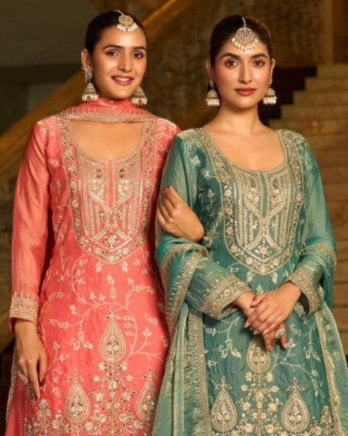 Premium Frendy Silk Embroidered Palazzo Suit with Mirror Work - Rosepetals Luxe