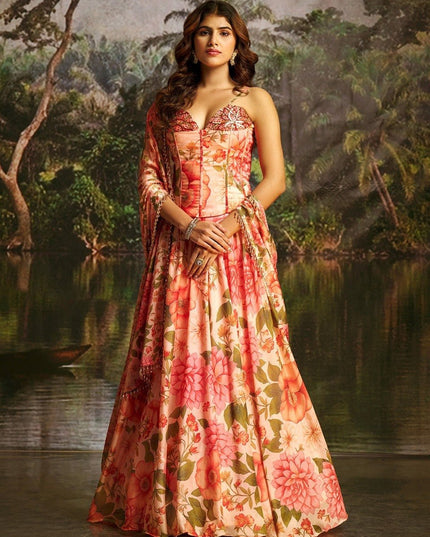 Premium Georgette Corset Lehenga | Matching Printed Dupatta With Crystal Lace | Perfect For Festive - Rosepetals Luxe