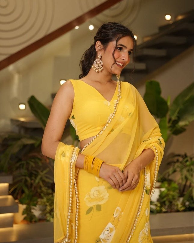 Premium Georgette Lehenga Saree with Digital Print & Pearl Lace - Rosepetals Luxe
