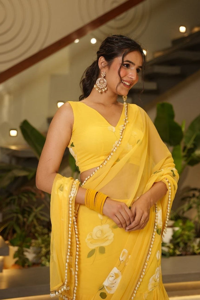 Premium Georgette Lehenga Saree with Digital Print & Pearl Lace - Rosepetals Luxe