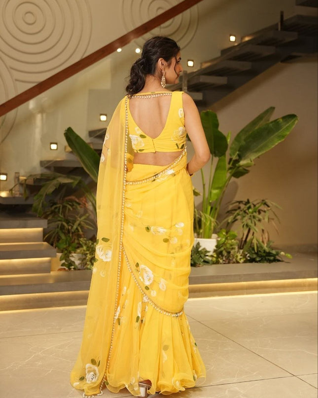Premium Georgette Lehenga Saree with Digital Print & Pearl Lace - Rosepetals Luxe