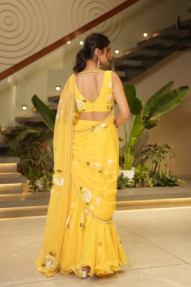 Premium Georgette Lehenga Saree with Digital Print & Pearl Lace - Rosepetals Luxe