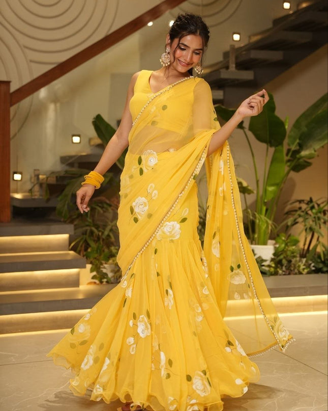 Premium Georgette Lehenga Saree with Digital Print & Pearl Lace - Rosepetals Luxe