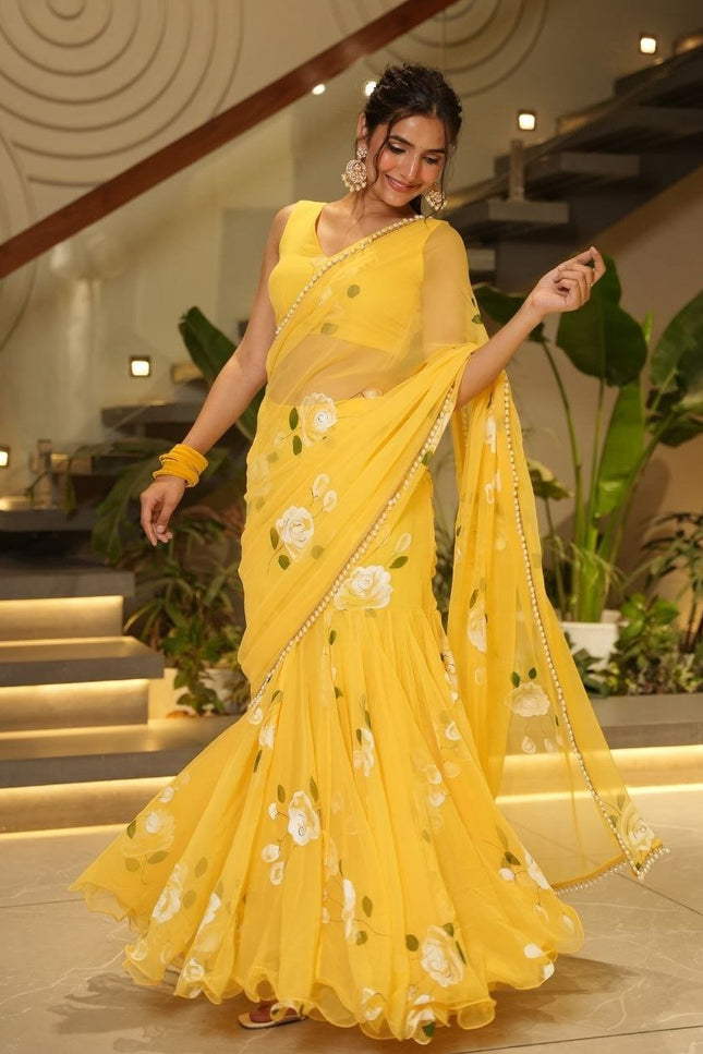 Premium Georgette Lehenga Saree with Digital Print & Pearl Lace - Rosepetals Luxe