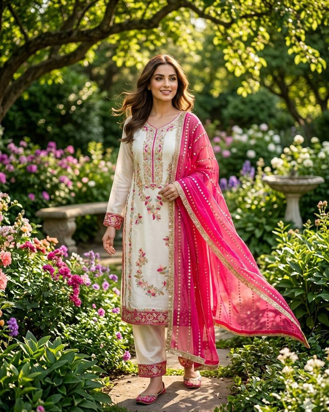 Premium GMY Silk Embroidered Top Palazzo & Dupatta Set with Sequence & Rivet Moti Work - Rosepetals Luxe