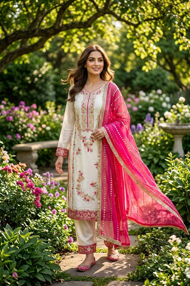 Premium GMY Silk Embroidered Top Palazzo & Dupatta Set with Sequence & Rivet Moti Work - Rosepetals Luxe