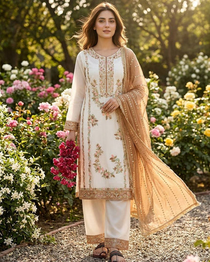 Premium GMY Silk Embroidered Top Palazzo & Dupatta Set with Sequence & Rivet Moti Work - Rosepetals Luxe