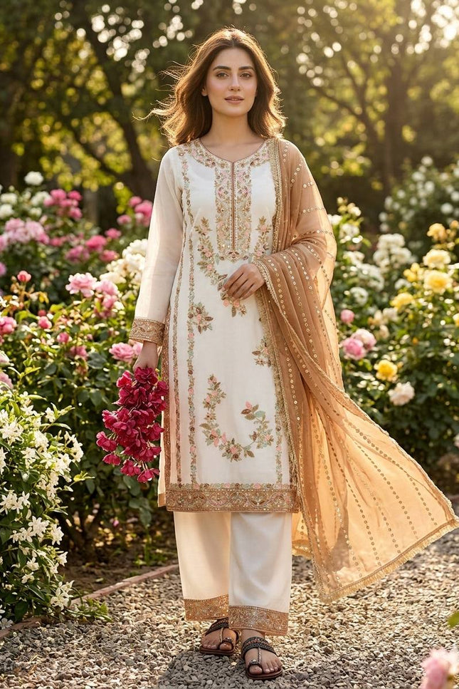 Premium GMY Silk Embroidered Top Palazzo & Dupatta Set with Sequence & Rivet Moti Work - Rosepetals Luxe