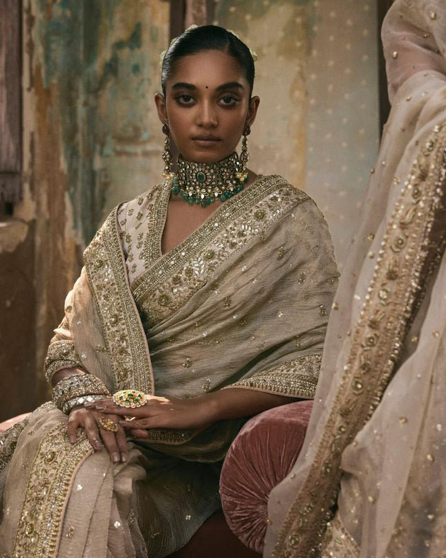 Premium Gold Crush Sequins Saree with Diamond Silk Blouse Piece - Rosepetals Luxe