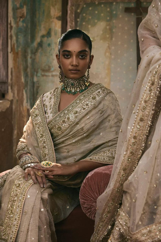 Premium Gold Crush Sequins Saree with Diamond Silk Blouse Piece - Rosepetals Luxe