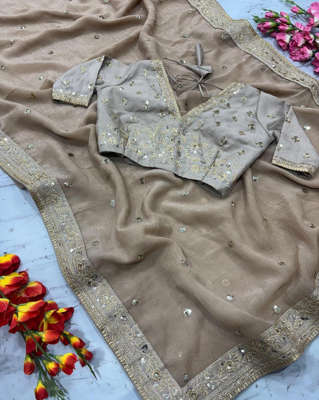Premium Gold Crush Sequins Saree with Diamond Silk Blouse Piece - Rosepetals Luxe