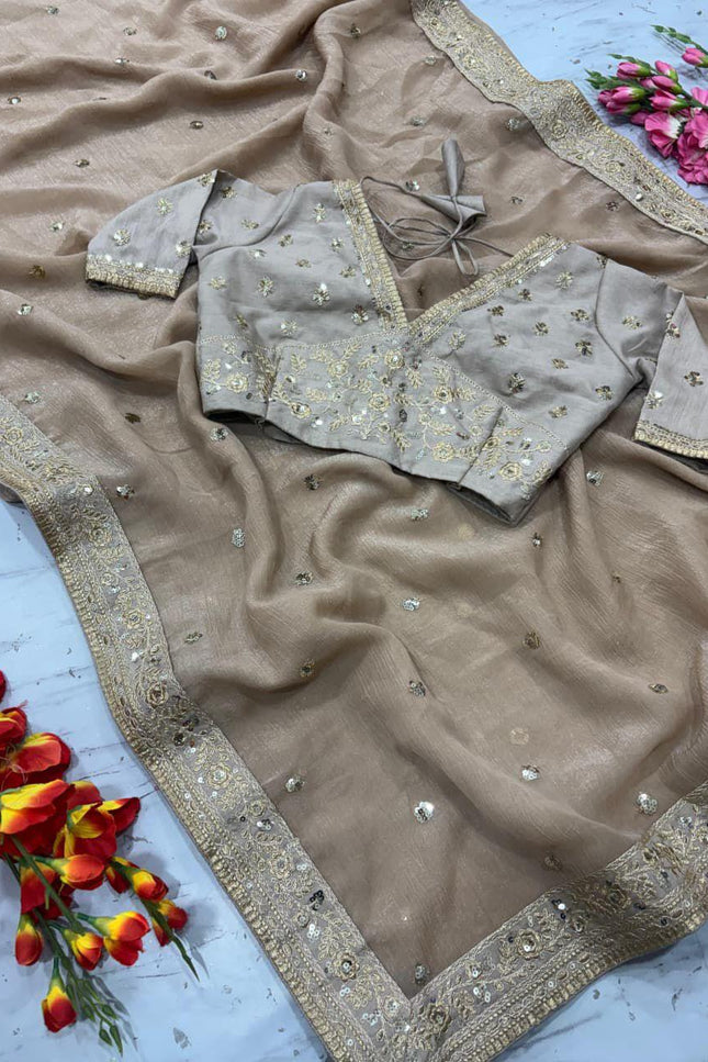 Premium Gold Crush Sequins Saree with Diamond Silk Blouse Piece - Rosepetals Luxe