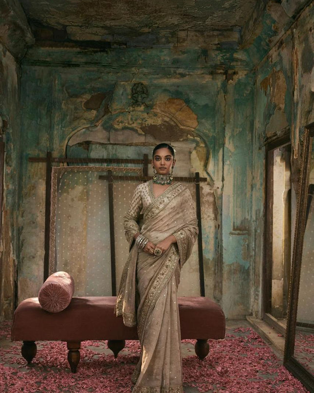 Premium Gold Crush Sequins Saree with Diamond Silk Blouse Piece - Rosepetals Luxe