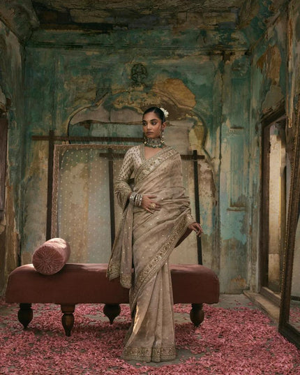 Premium Gold Crush Sequins Saree with Diamond Silk Blouse Piece - Rosepetals Luxe