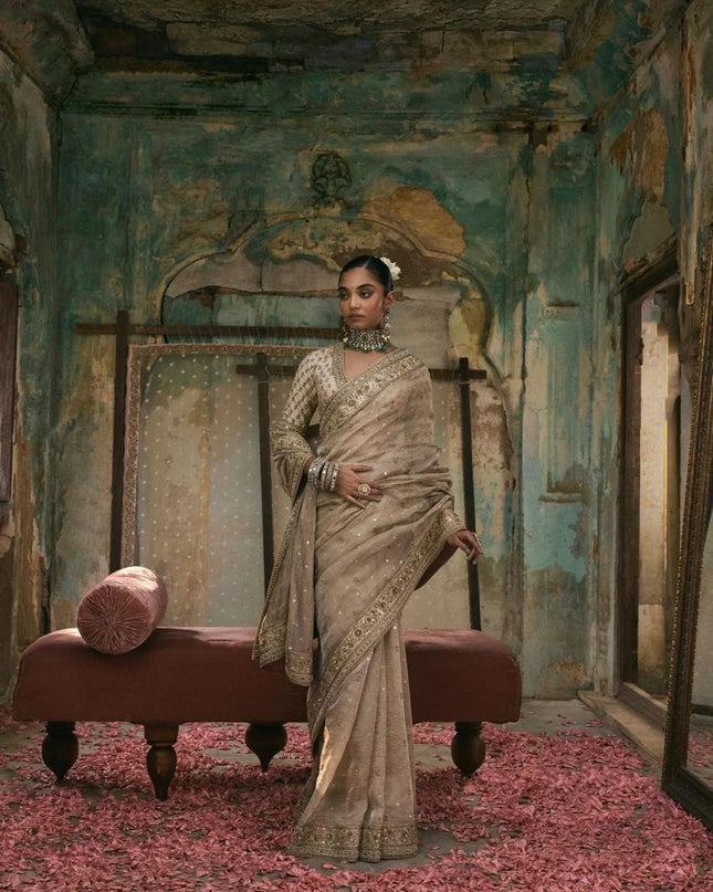 Premium Gold Crush Sequins Saree with Diamond Silk Blouse Piece - Rosepetals Luxe