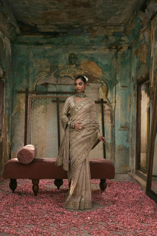 Premium Gold Crush Sequins Saree with Diamond Silk Blouse Piece - Rosepetals Luxe