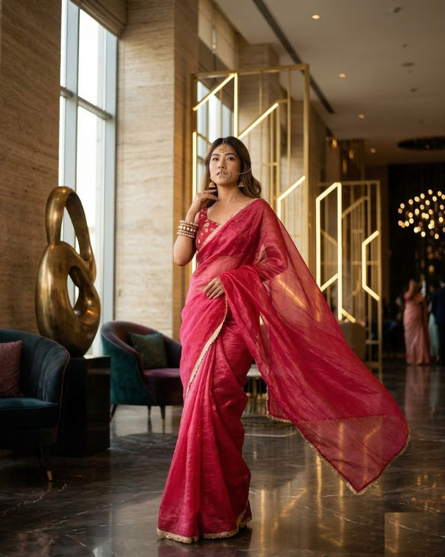 Premium Gold Crush Tissue Silk Saree with Double Sequence Embroidery Blouse Piece - Rosepetals Luxe