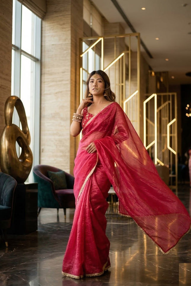 Premium Gold Crush Tissue Silk Saree with Double Sequence Embroidery Blouse Piece - Rosepetals Luxe