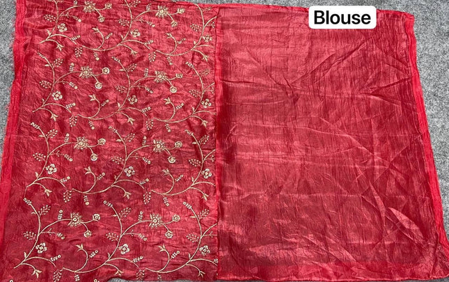 Premium Gold Crush Tissue Silk Saree with Double Sequence Embroidery Blouse Piece - Rosepetals Luxe