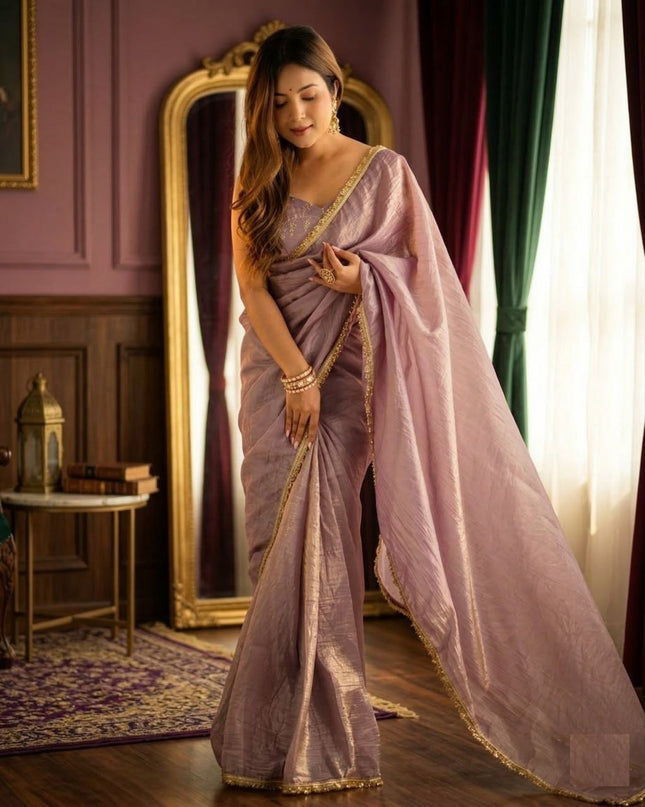 Premium Gold Crush Tissue Silk Saree with Double Sequence Embroidery Blouse Piece - Rosepetals Luxe
