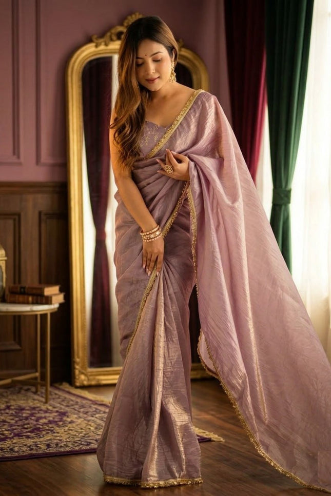 Premium Gold Crush Tissue Silk Saree with Double Sequence Embroidery Blouse Piece - Rosepetals Luxe