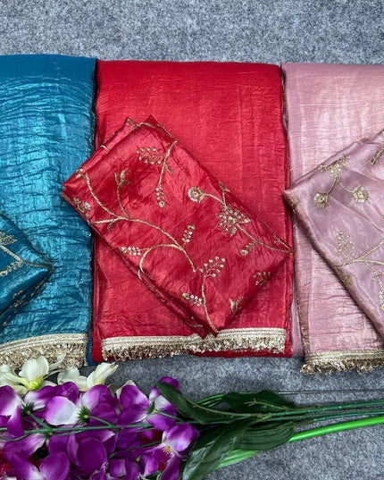 Premium Gold Crush Tissue Silk Saree with Double Sequence Embroidery Blouse Piece - Rosepetals Luxe