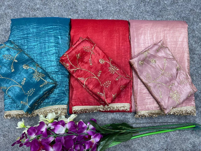Premium Gold Crush Tissue Silk Saree with Double Sequence Embroidery Blouse Piece - Rosepetals Luxe