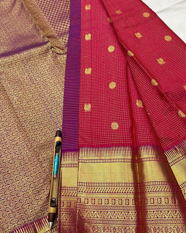 Premium Kanchipuram Handloom Pure Silk Saree | Checked Bridal Collection - Rosepetals Luxe