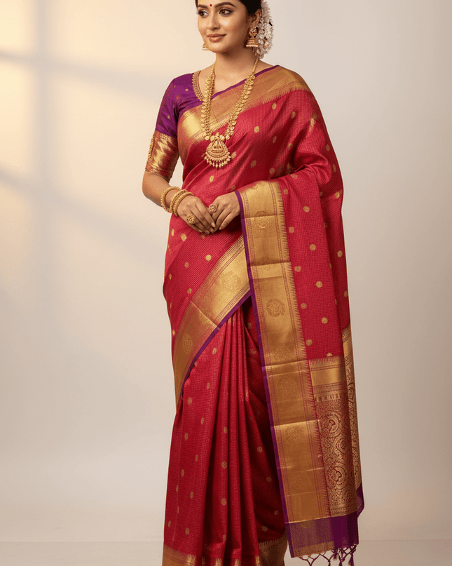 Premium Kanchipuram Handloom Pure Silk Saree | Checked Bridal Collection - Rosepetals Luxe