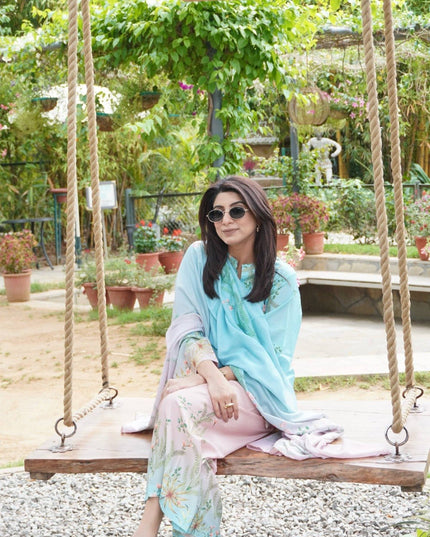 Premium Maslin Cotton Coord Set | Fully Stitched 3-Piece Kurti Pant Dupatta | Sky Blue | M–XXL - Rosepetals Luxe