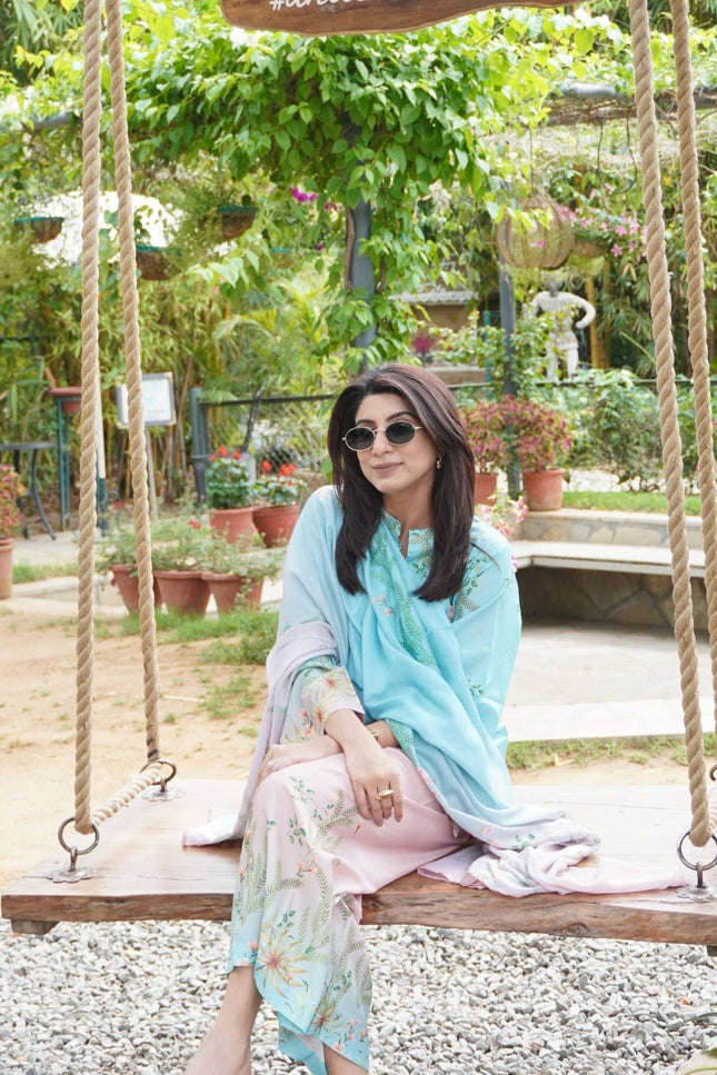 Premium Maslin Cotton Coord Set | Fully Stitched 3-Piece Kurti Pant Dupatta | Sky Blue | M–XXL - Rosepetals Luxe
