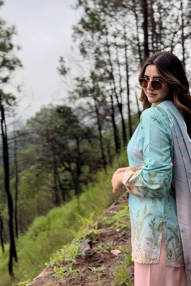 Premium Maslin Cotton Coord Set | Fully Stitched 3-Piece Kurti Pant Dupatta | Sky Blue | M–XXL - Rosepetals Luxe