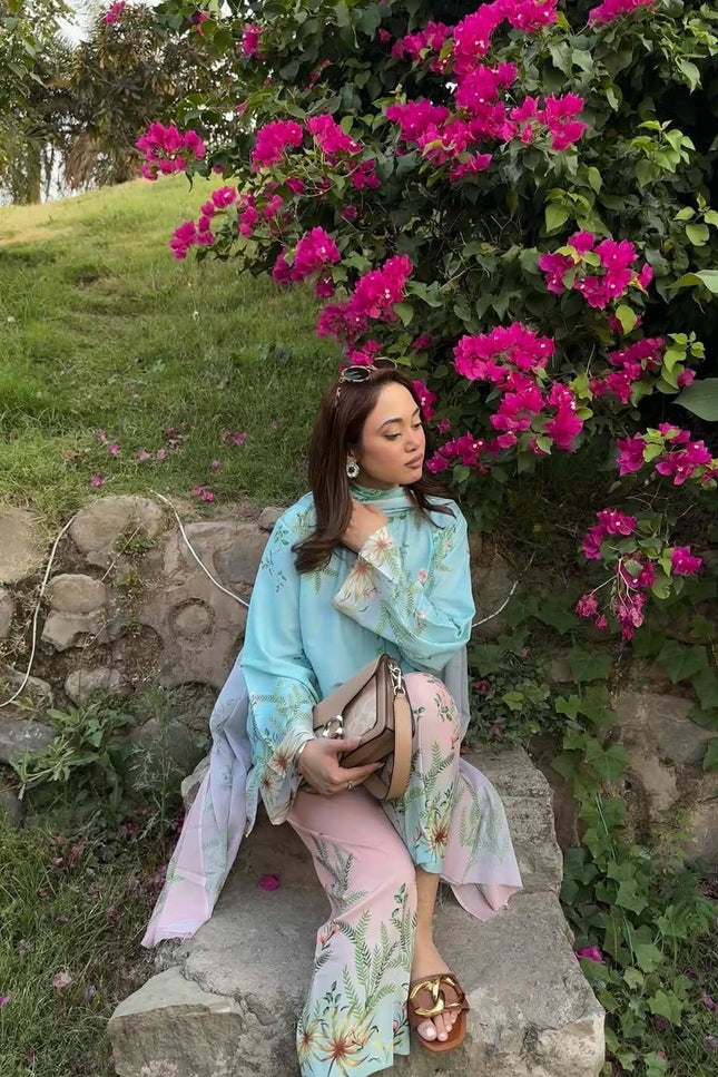 Premium Maslin Cotton Coord Set | Fully Stitched 3-Piece Kurti Pant Dupatta | Sky Blue | M–XXL - Rosepetals Luxe