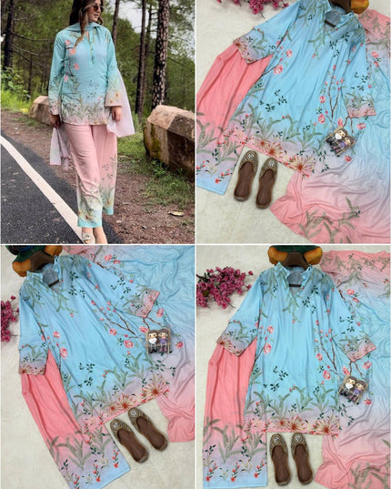 Premium Maslin Cotton Coord Set | Fully Stitched 3-Piece Kurti Pant Dupatta | Sky Blue | M–XXL - Rosepetals Luxe