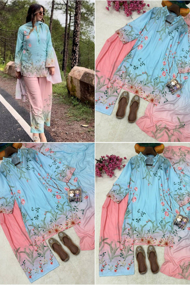 Premium Maslin Cotton Coord Set | Fully Stitched 3-Piece Kurti Pant Dupatta | Sky Blue | M–XXL - Rosepetals Luxe
