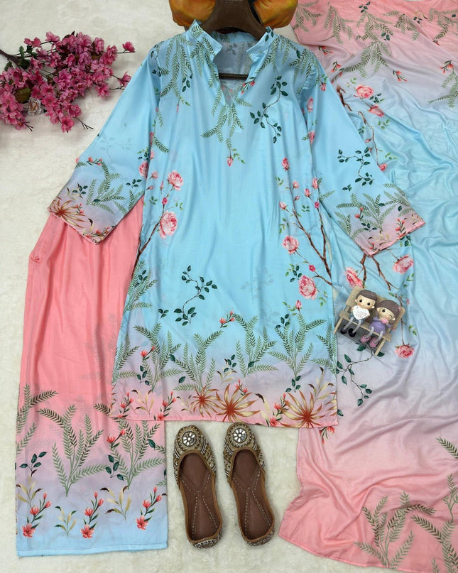 Premium Maslin Cotton Coord Set | Fully Stitched 3-Piece Kurti Pant Dupatta | Sky Blue | M–XXL - Rosepetals Luxe
