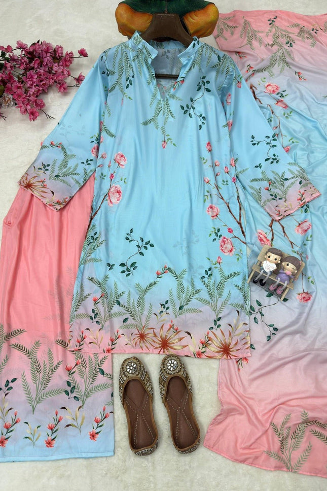 Premium Maslin Cotton Coord Set | Fully Stitched 3-Piece Kurti Pant Dupatta | Sky Blue | M–XXL - Rosepetals Luxe