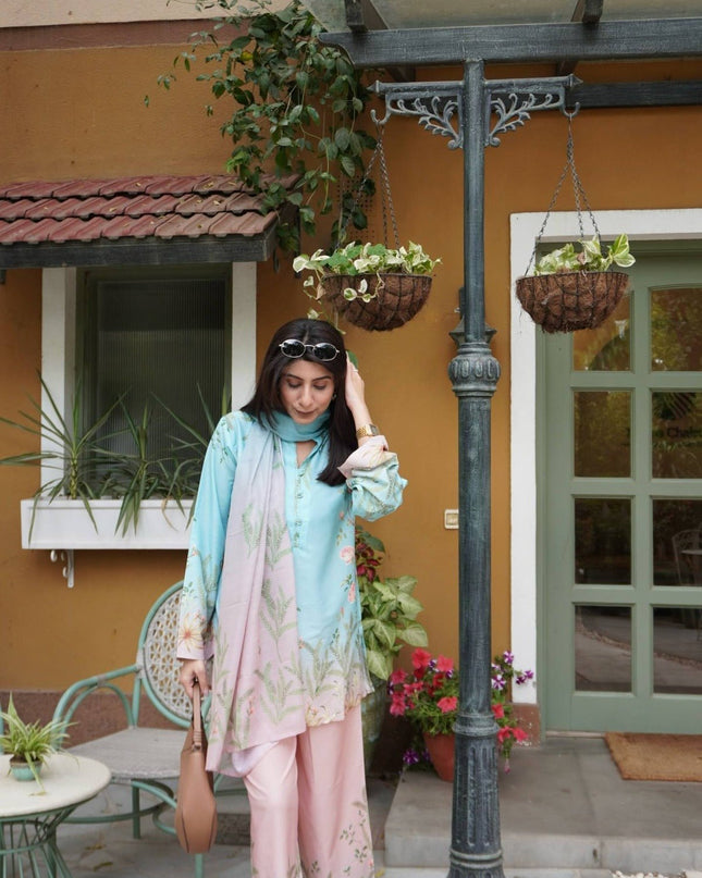 Premium Maslin Cotton Coord Set | Fully Stitched 3-Piece Kurti Pant Dupatta | Sky Blue | M–XXL - Rosepetals Luxe