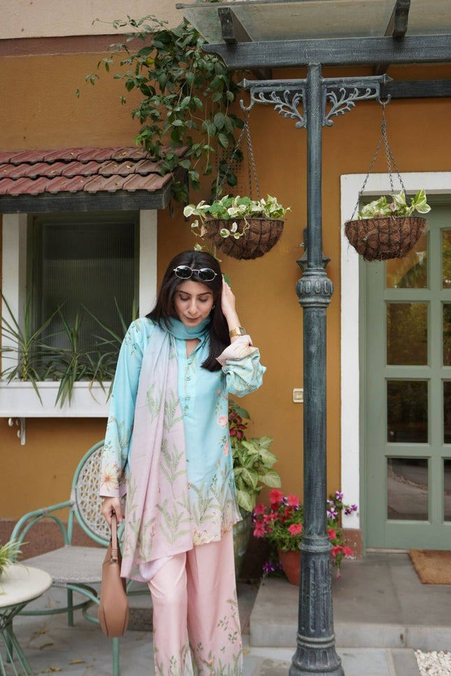Premium Maslin Cotton Coord Set | Fully Stitched 3-Piece Kurti Pant Dupatta | Sky Blue | M–XXL - Rosepetals Luxe