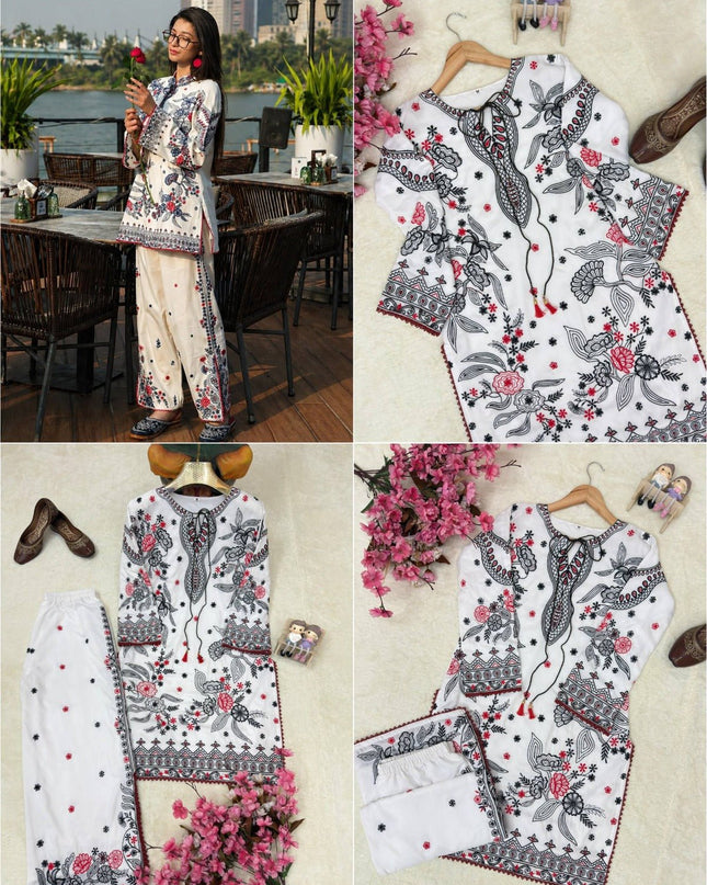 Premium Maslin Cotton Kurti & Plazzo Set | Heavy Embroidery & Handmade Latkan - Rosepetals Luxe