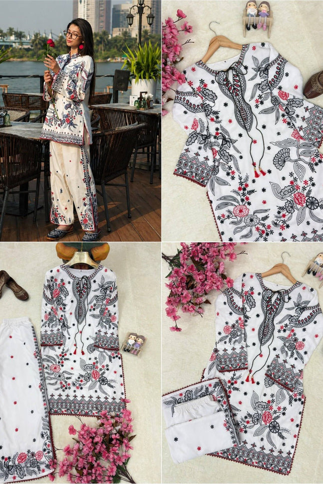 Premium Maslin Cotton Kurti & Plazzo Set | Heavy Embroidery & Handmade Latkan - Rosepetals Luxe