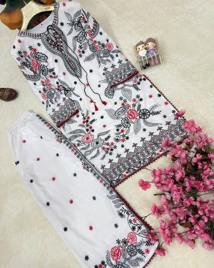 Premium Maslin Cotton Kurti & Plazzo Set | Heavy Embroidery & Handmade Latkan - Rosepetals Luxe