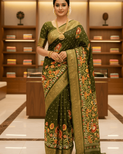 Premium Massmel Kalamkari Print Saree with Heavy Jacquard Border | Running Blouse Included - Rosepetals Luxe