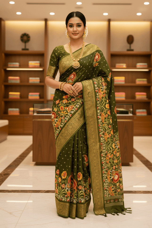 Premium Massmel Kalamkari Print Saree with Heavy Jacquard Border | Running Blouse Included - Rosepetals Luxe